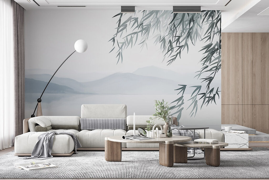 Water and trees with mountains in the background Water and trees with mountains in the background