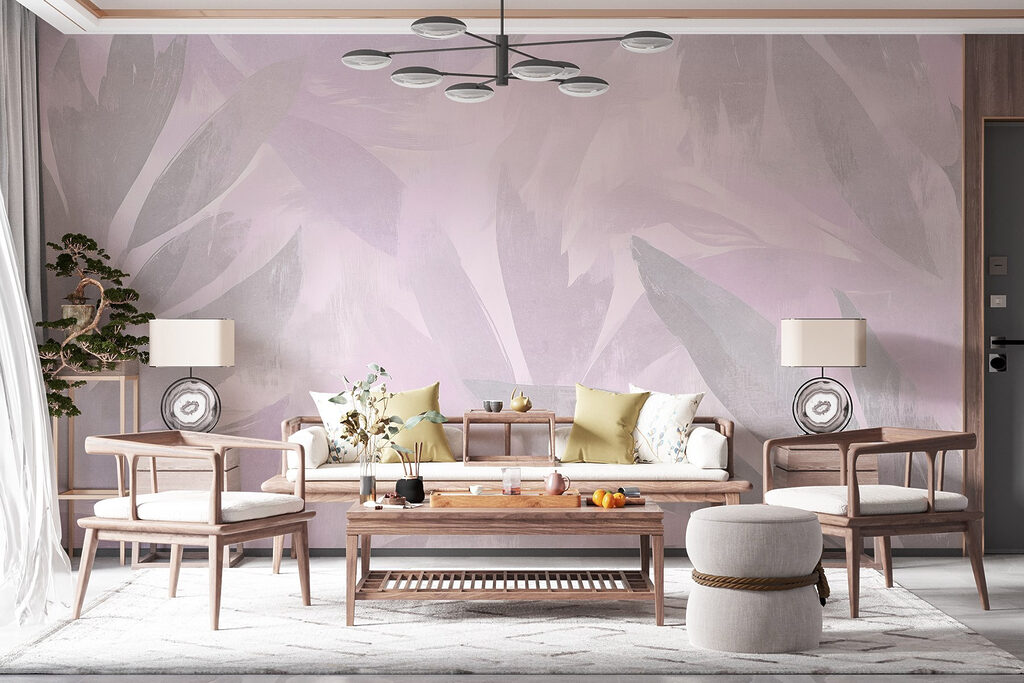 White and purple background with leaves