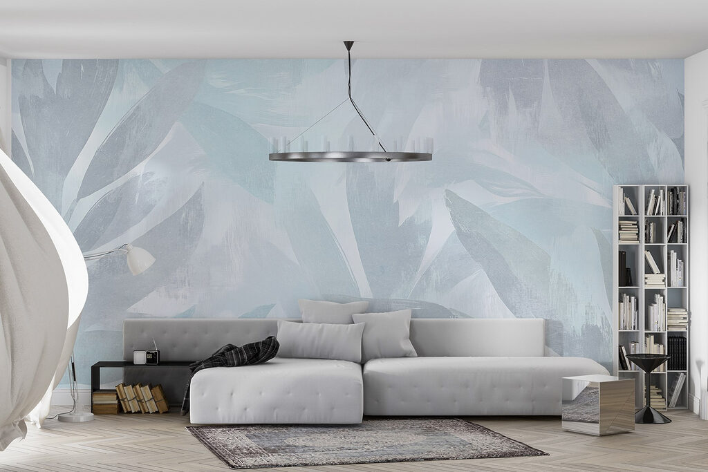 White and grey background with leaves