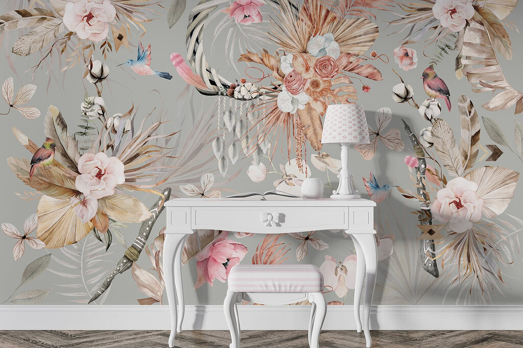 Wallpaper with flowers and feathers