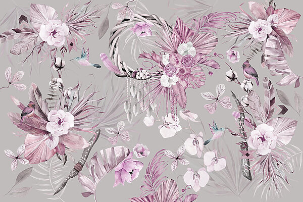 Papel pintado con flores y plumas Papel pintado con flores y plumas
