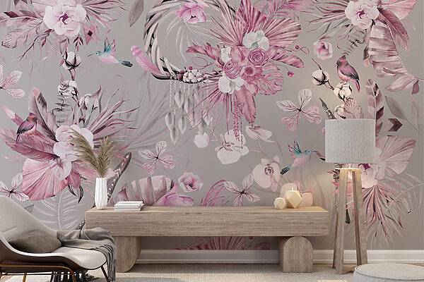 Papel pintado con flores y plumas Papel pintado con flores y plumas