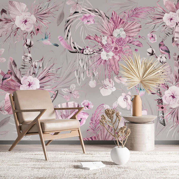 Papel pintado con flores y plumas Papel pintado con flores y plumas