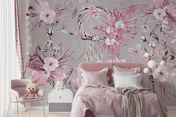 Papel pintado con flores y plumas Papel pintado con flores y plumas