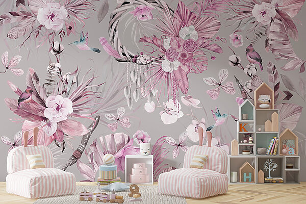 Papel pintado con flores y plumas Papel pintado con flores y plumas