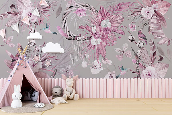 Papel pintado con flores y plumas Papel pintado con flores y plumas