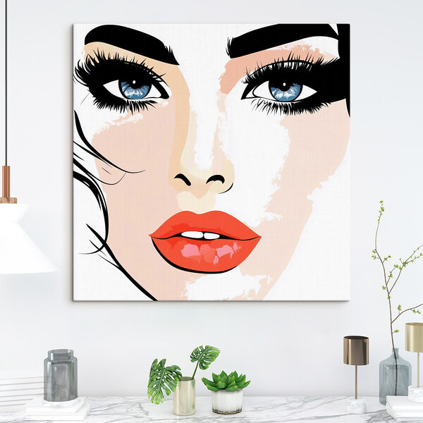 Cuadros Rostro de mujer maquillada con labios rojos