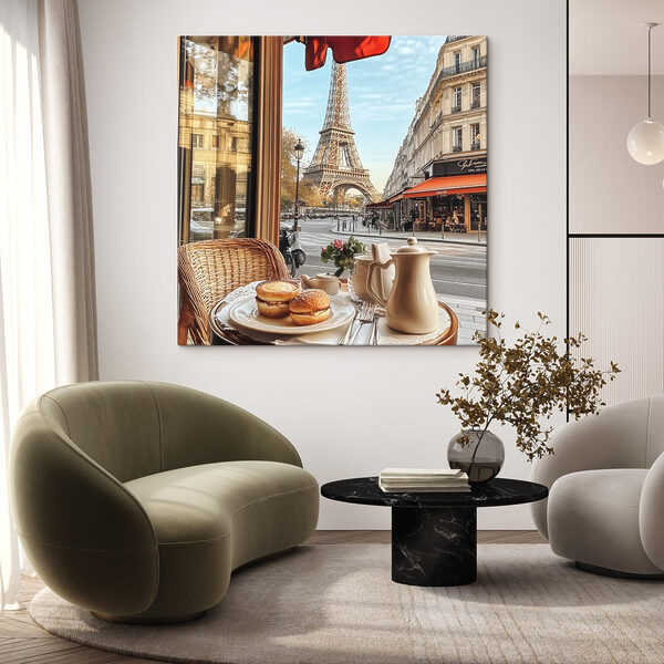 Cuadros Una mesa con comida y otra mesa con una torre al fondo