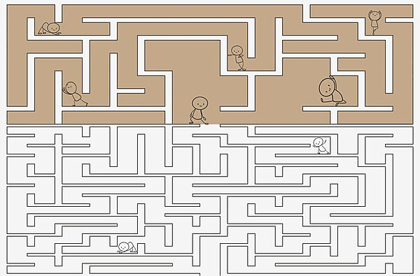 Juego de laberinto con personas caminando por la pared Juego de laberinto con personas caminando por la pared