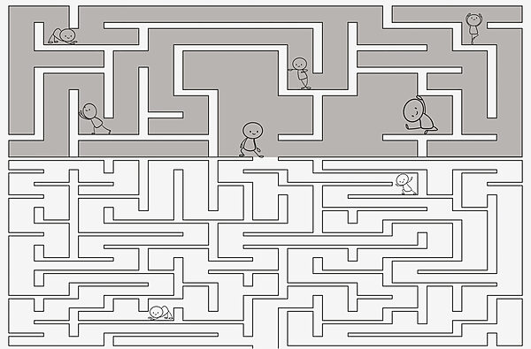 Juego de laberinto con personas de dibujos animados caminando por el suelo Juego de laberinto con personas de dibujos animados caminando por el suelo