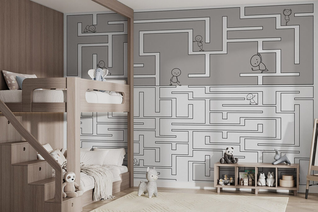 Maze game with cartoon people walking on the ground