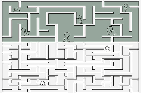 Juego de laberinto con personas de dibujos animados caminando por el laberinto Juego de laberinto con personas de dibujos animados caminando por el laberinto