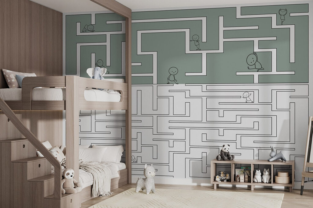 Maze game with cartoon people walking through the maze