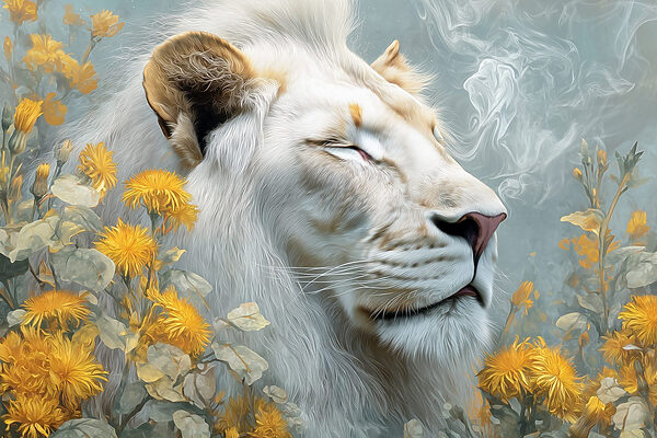 León con flores y humo León con flores y humo