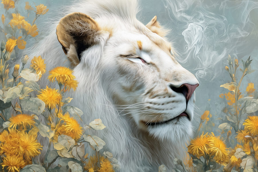 León con flores y humo