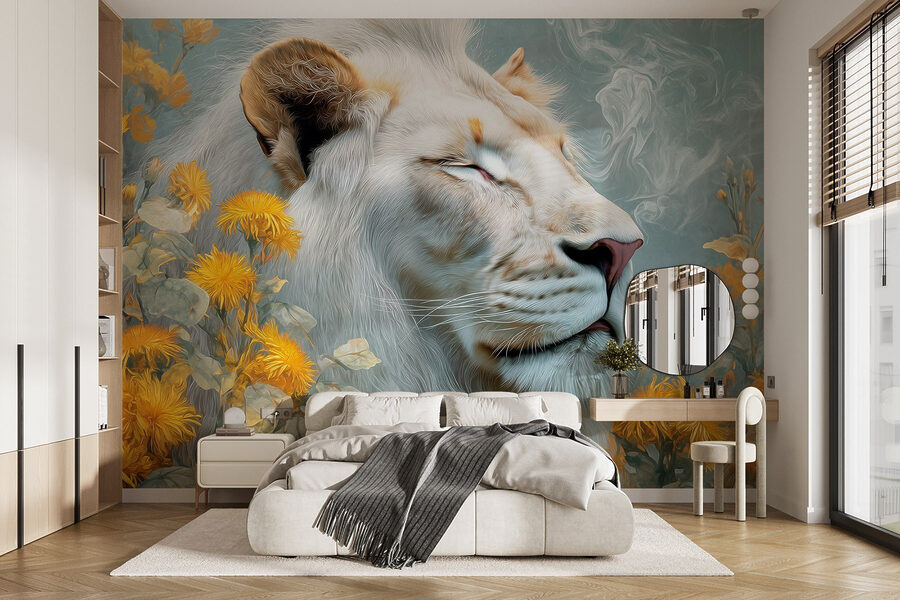 León con flores y humo
