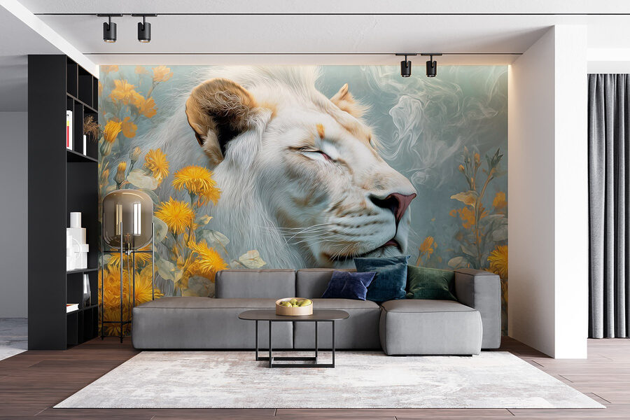 León con flores y humo