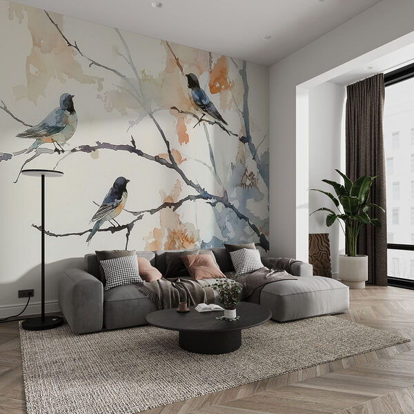 Watercolor of birds on a tree branch
