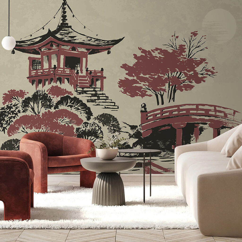 A painting of a pagoda and a bridge