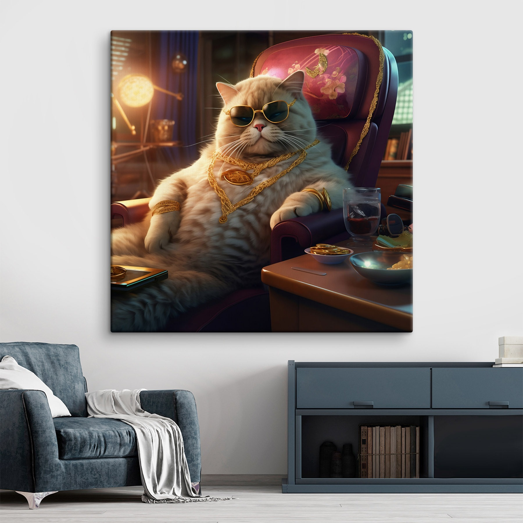 Cat wearing sunglasses and a necklace sitting in a chair Cat wearing sunglasses and a necklace sitting in a chair