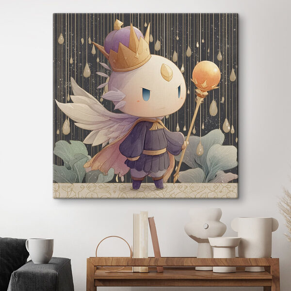 Cartoon of a little angel with wings and a crown holding a staff Cartoon of a little angel with wings and a crown holding a staff