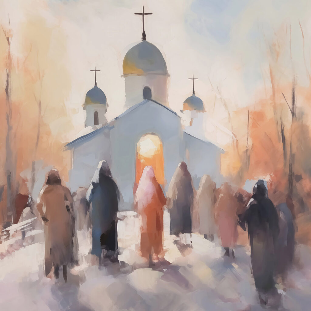Group of people walking in front of a church Group of people walking in front of a church