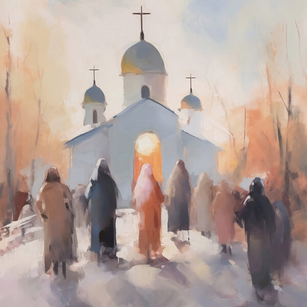 Group of people walking in front of a church Group of people walking in front of a church