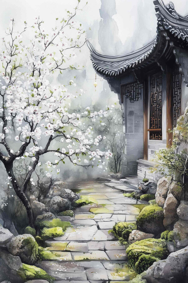 Painting of a building with a tree and flowers Painting of a building with a tree and flowers
