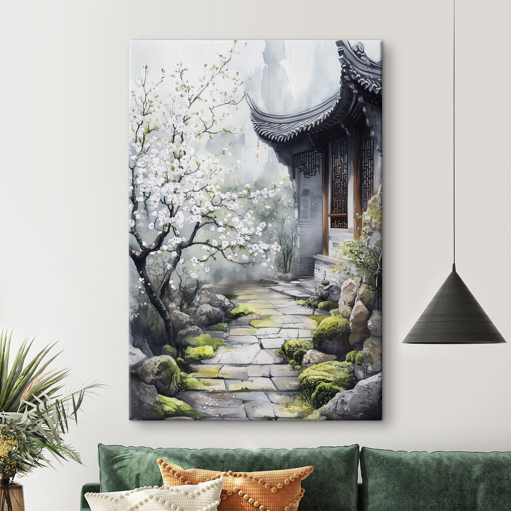 Painting of a building with a tree and flowers Painting of a building with a tree and flowers