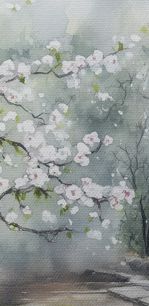 Painting of a building with a tree and flowers Painting of a building with a tree and flowers