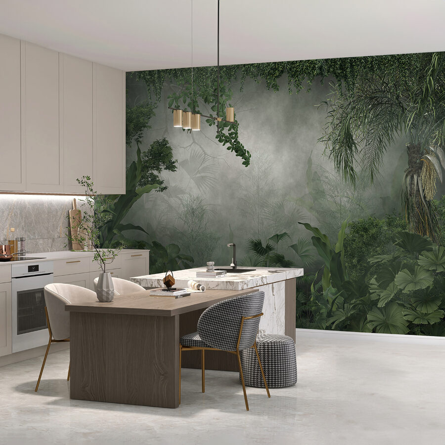 Bosque brumoso con plantas y árboles