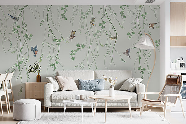 Papel pintado con pájaros y enredaderas Papel pintado con pájaros y enredaderas