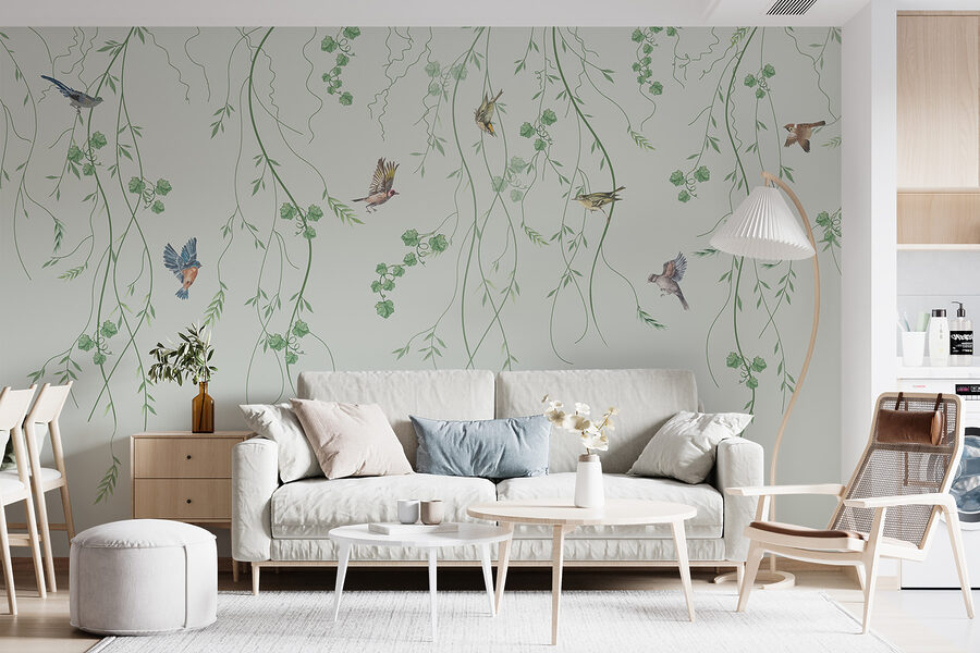 Papel pintado con pájaros y enredaderas