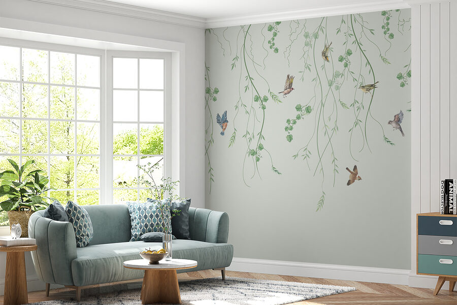 Papel pintado con pájaros y enredaderas