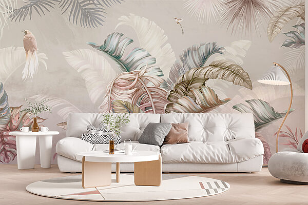 Tropical foliage with delicate birds