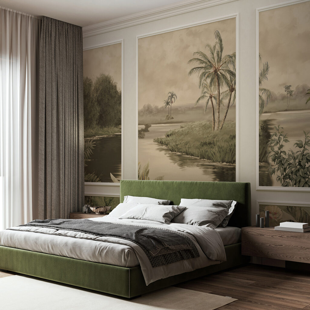 A wall with a painting of trees and a river