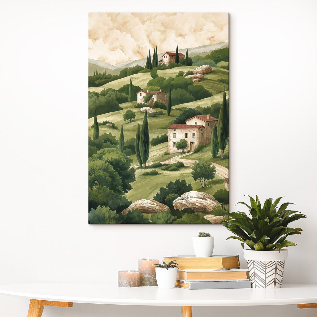 Painting of a landscape with houses and trees Painting of a landscape with houses and trees