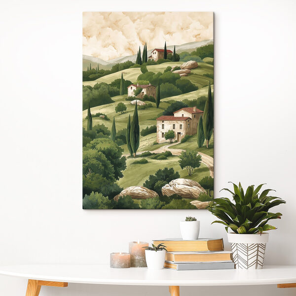 Painting of a landscape with houses and trees Painting of a landscape with houses and trees
