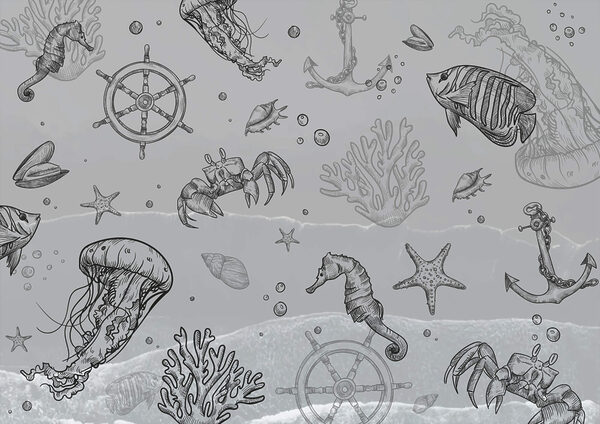 Fondo gris con criaturas marinas Fondo gris con criaturas marinas