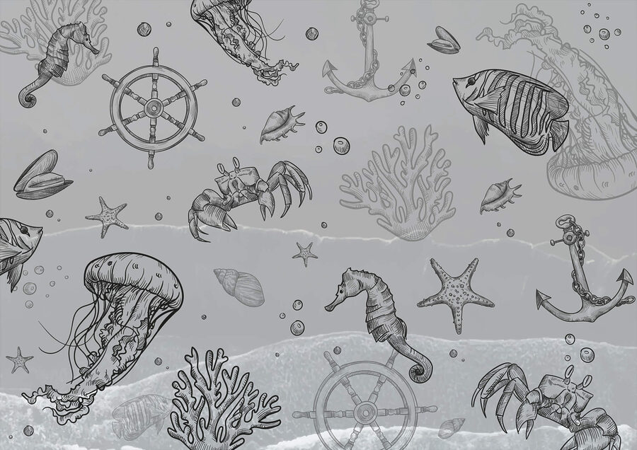 Fondo gris con criaturas marinas Fondo gris con criaturas marinas