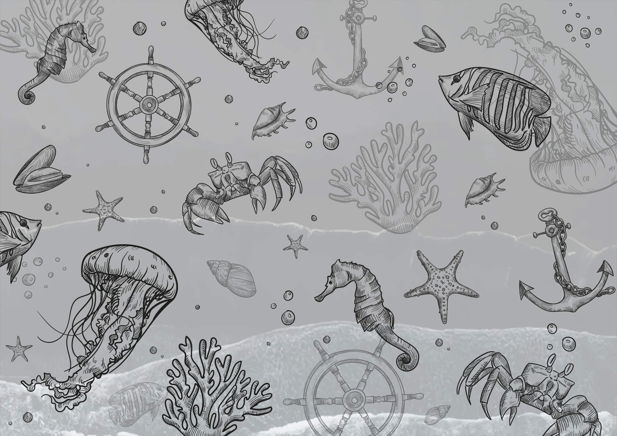 Fondo gris con criaturas marinas t00004p - Fondo gris con criaturas marinas - tegory