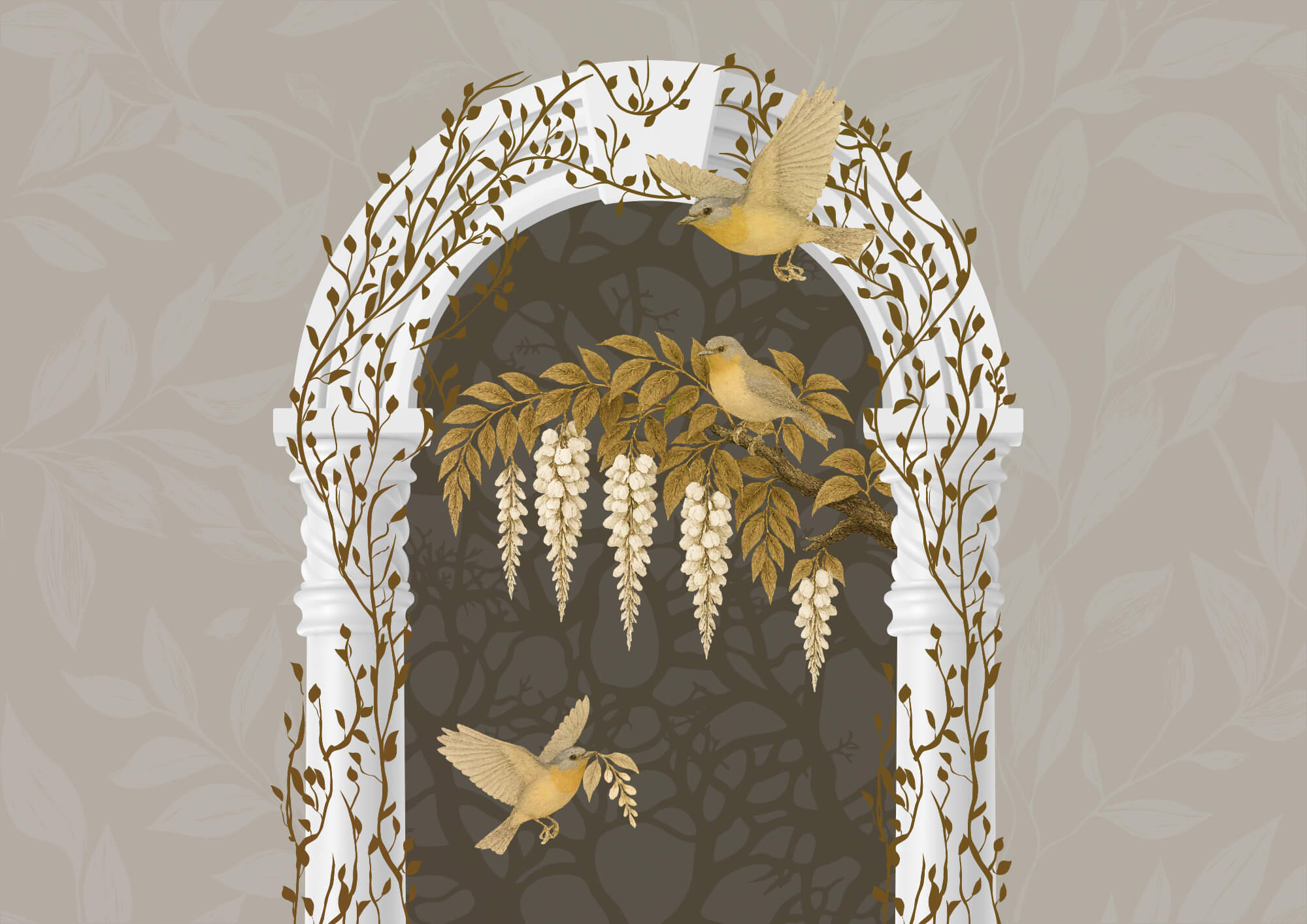 t00005p - Arco blanco con pájaros volando - tegory