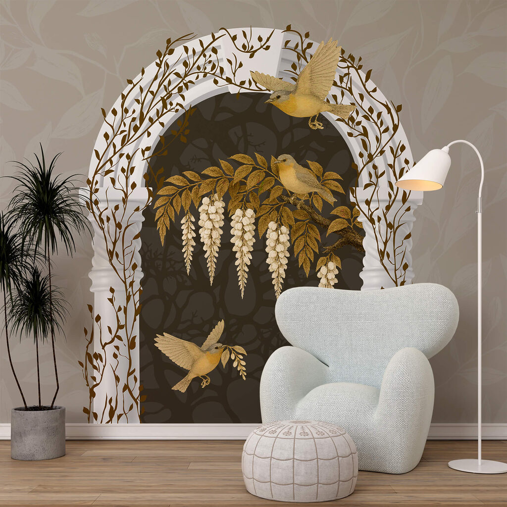 Arco blanco con pájaros volando