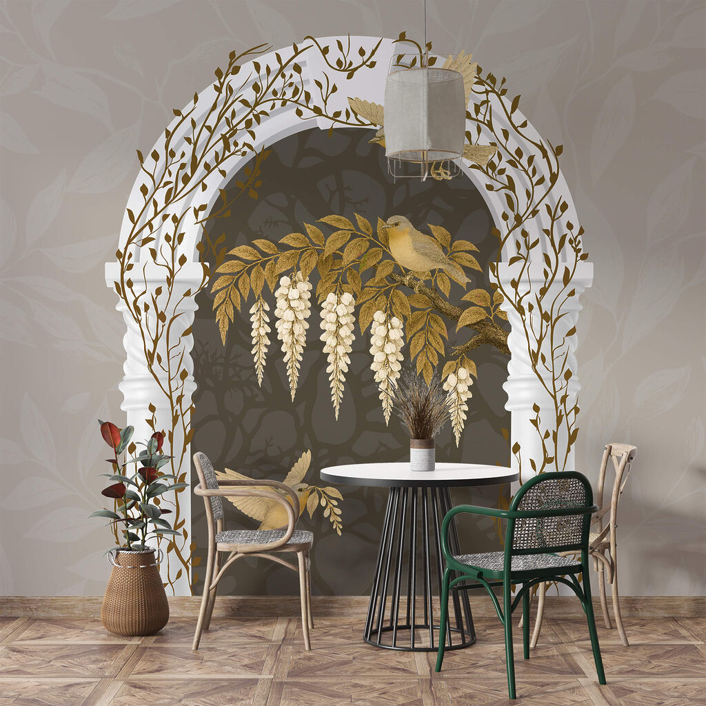 Arco blanco con pájaros volando