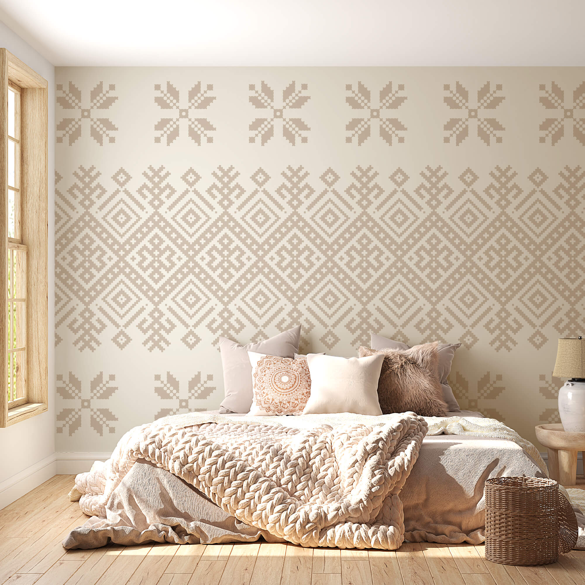 Patrón de formas geométricas y flores