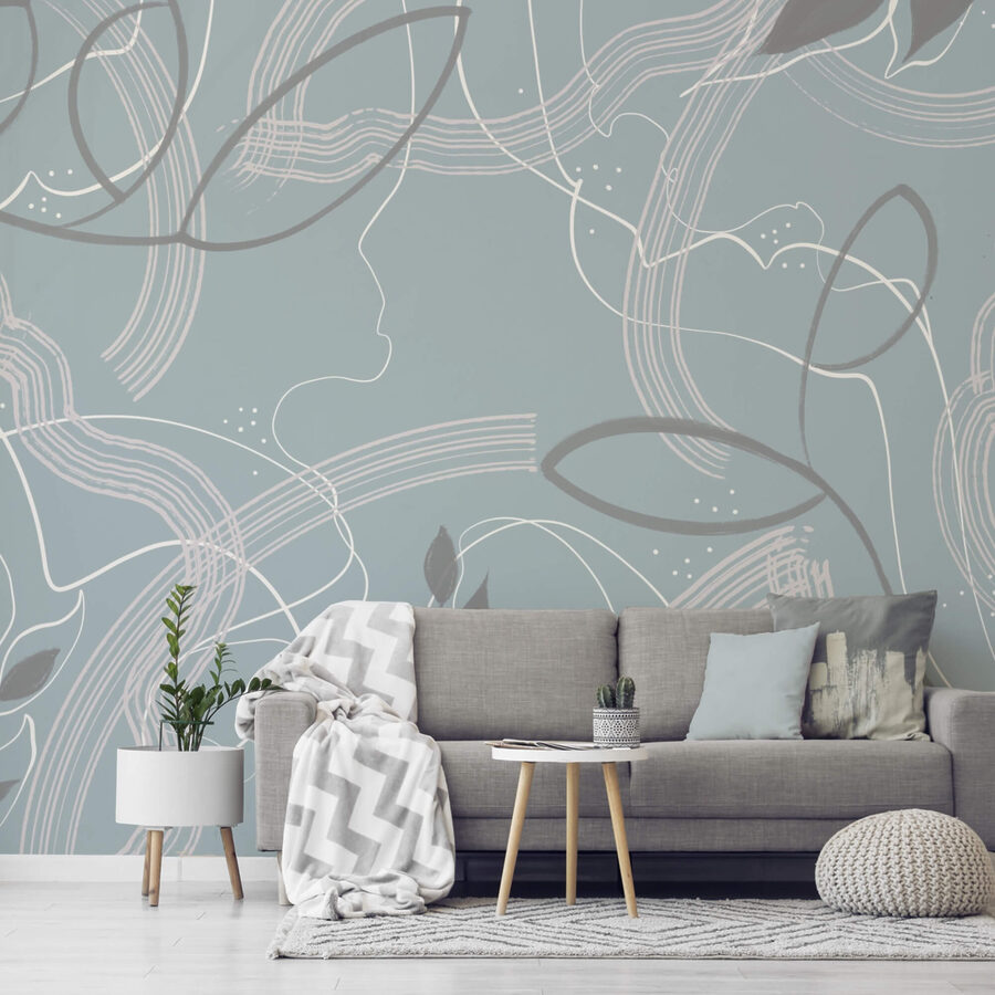 Fondo azul y blanco con hojas y líneas
