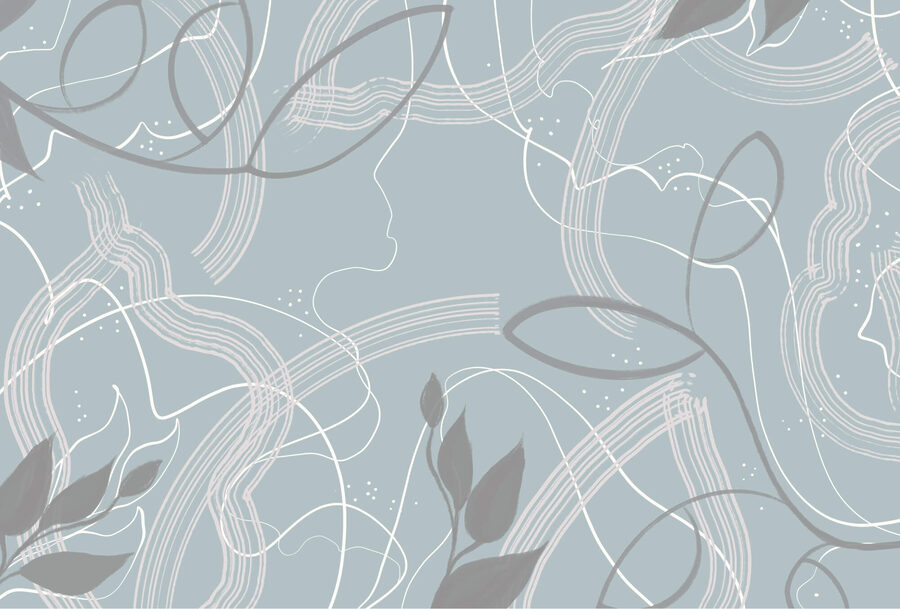 Fondo azul y blanco con hojas y líneas