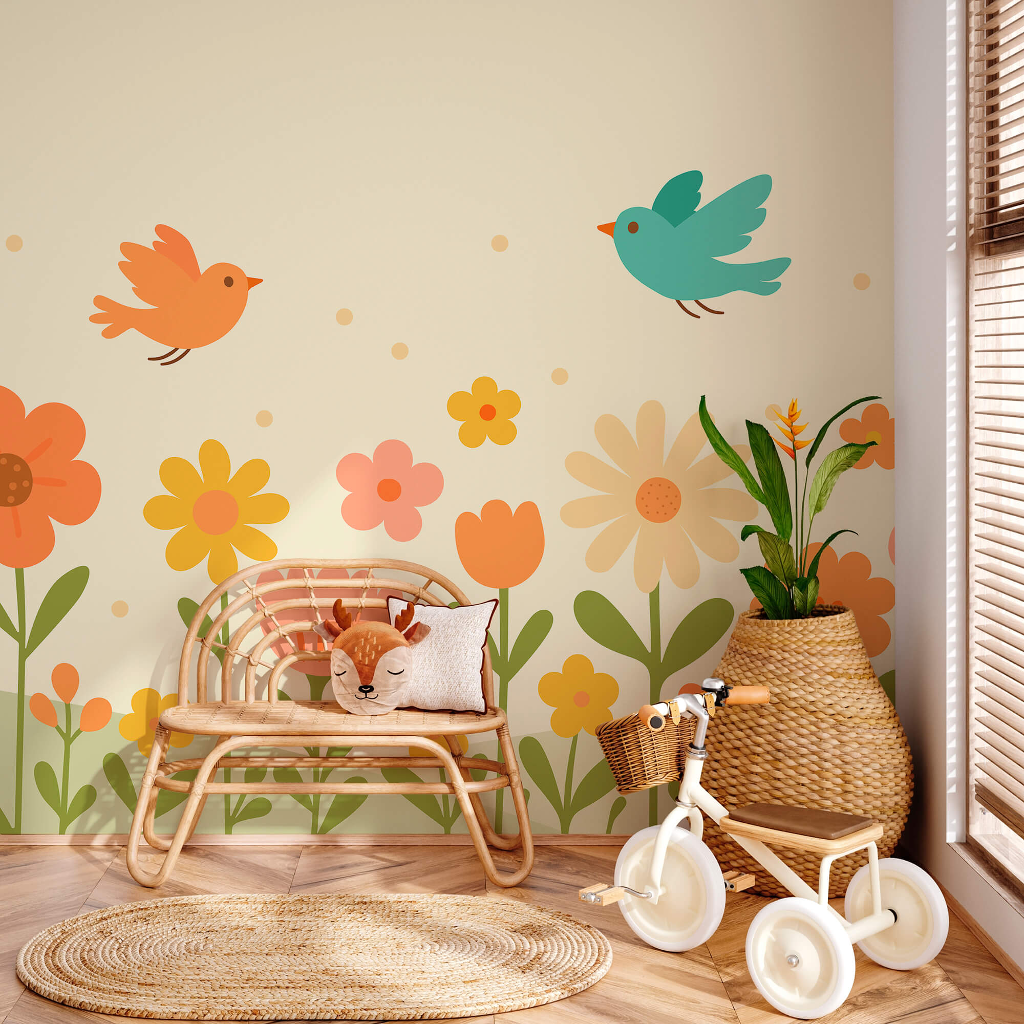 Pájaros volando sobre flores