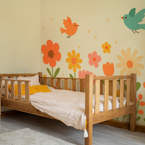 Pájaros volando sobre flores