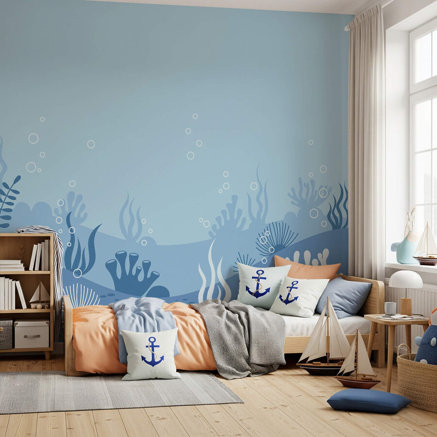 Escena submarina en azul y blanco